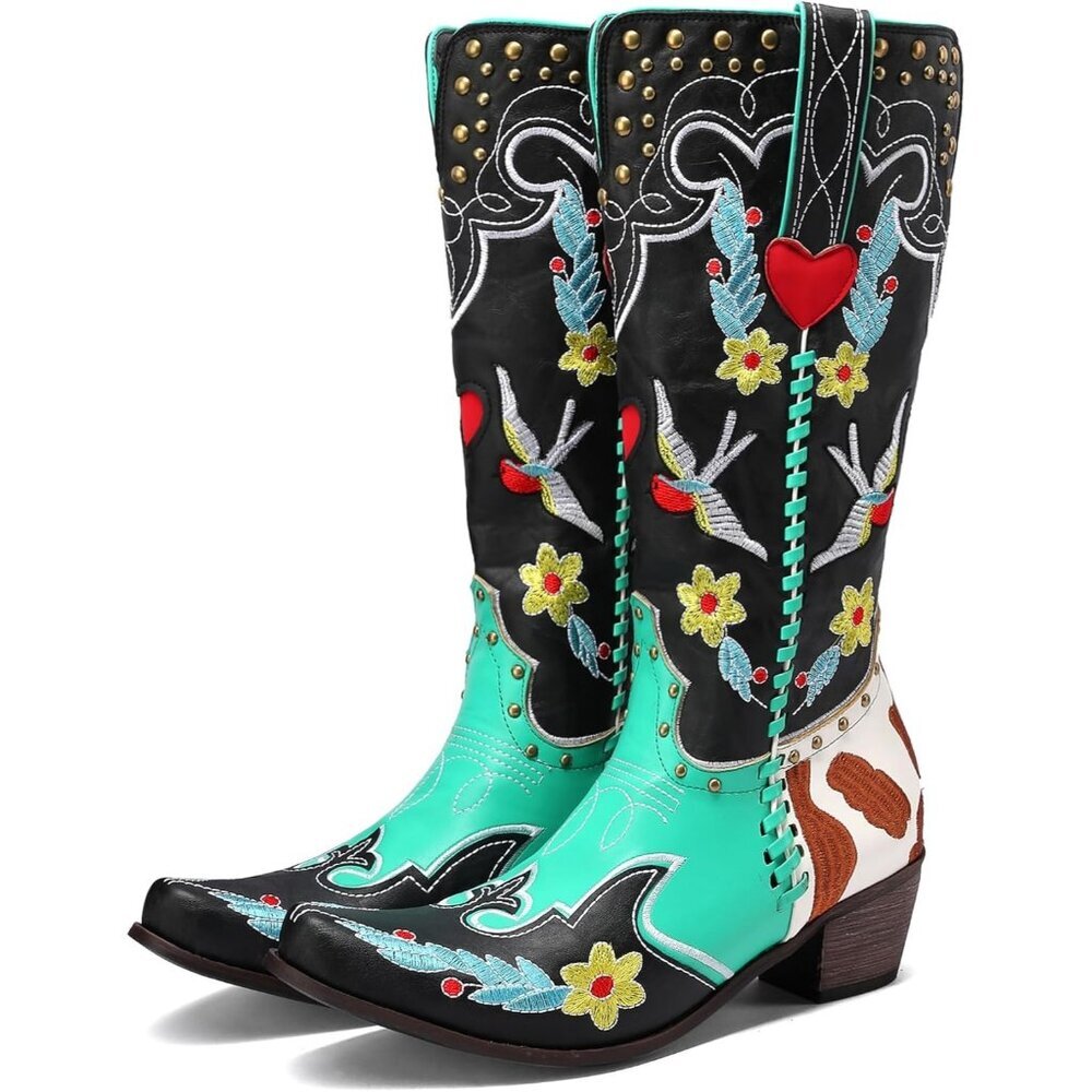 Women's Blue Floral Embroidered Cowgirl Boots Chunky Low Heels Pull On Shoes